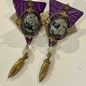 Vintage Victorian Artsy Purple Grey Agate Gold Tone Dangle Earrings